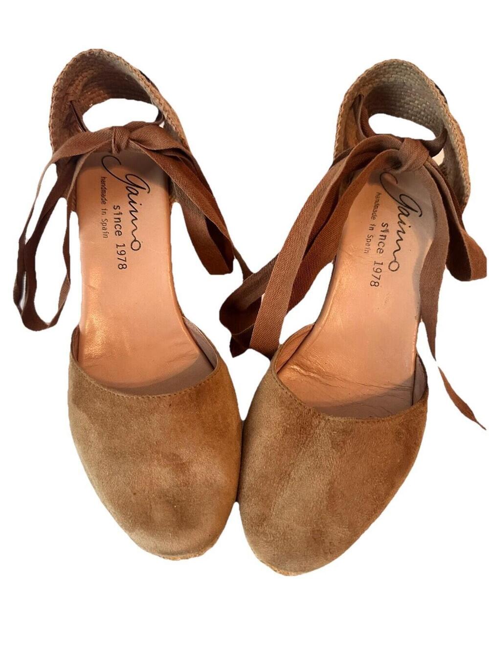 Gaimo espadrille Dark Tan Light Brown Suede Leather Ribbon Sandals , 40/9US